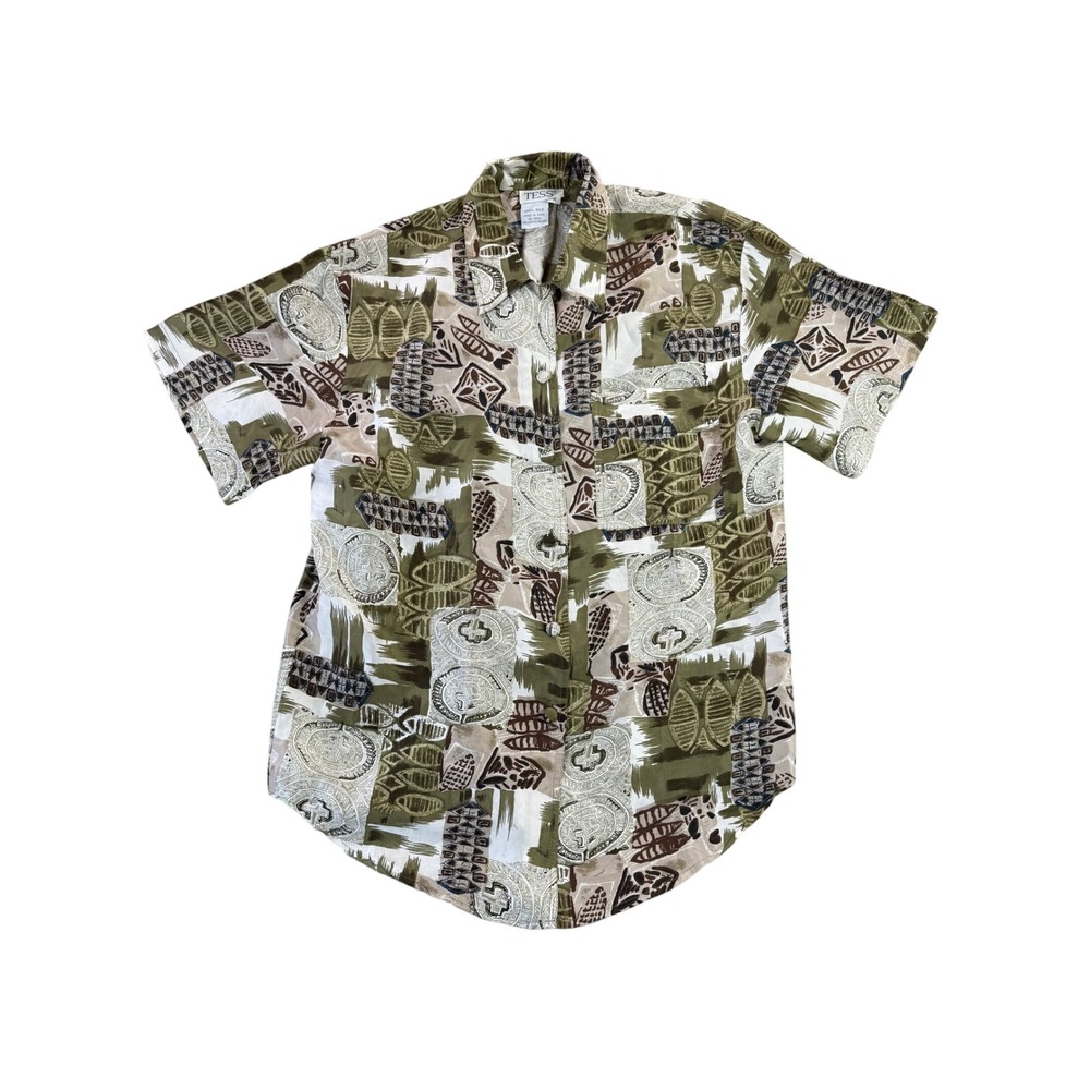 TESS Vintage 100% Silk Abstract Print Short Sleeve Button Down Shirt Luxe Size M